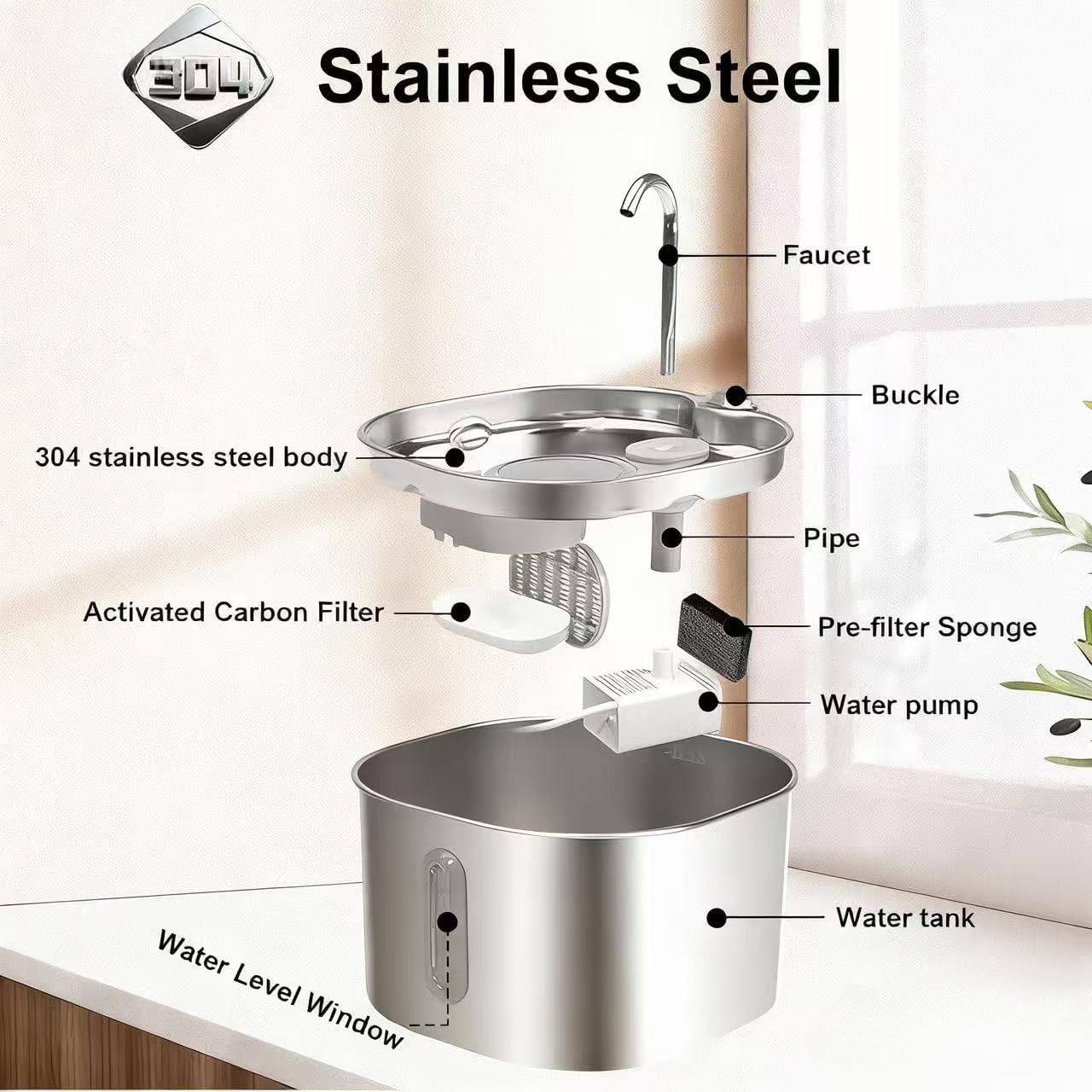 Stainless Steel Cat & Dog Water Fountain with Window (No Plug)